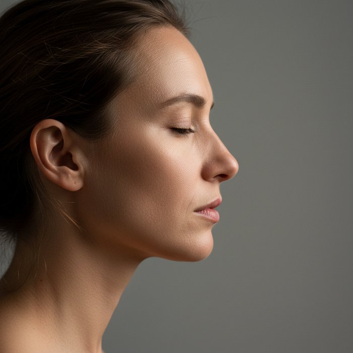 Человек в профиль на нейтральном фоне, чёткие детали кожи, мягкое освещение, 4K, реалистичная цветопередача