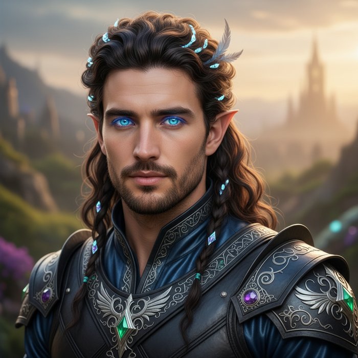 фотореалистичный образ фантастического персонажа с яркими глазами, уникальной прической, детализированным костюмом, естественное освещение, высокая детализация, 4K, профессиональная фотосъёмка