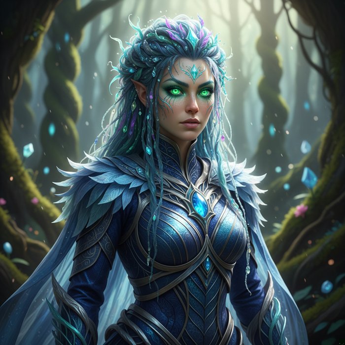 фотореалистичный портрет фантастического персонажа с яркими глазами, уникальной прической, детализированным костюмом, естественное освещение, высокая детализация, 4K, профессиональная фотосъёмка