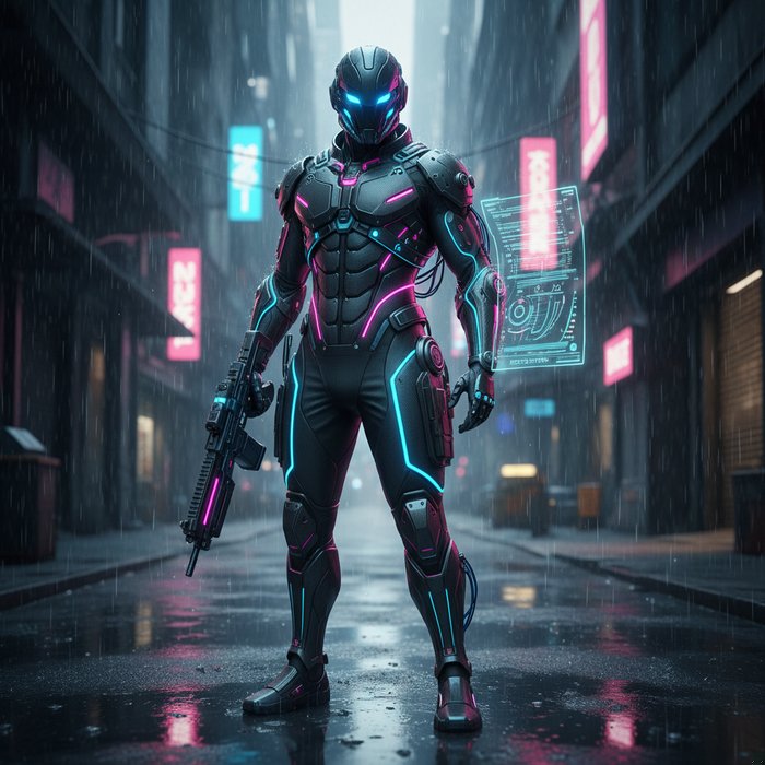 детализированный персонаж в киберпанк‑стиле с неоновыми элементами, светящимися глазами, высокотехнологичным костюмом, естественное освещение, фотореализм, 4K, профессиональная фотосъёмка