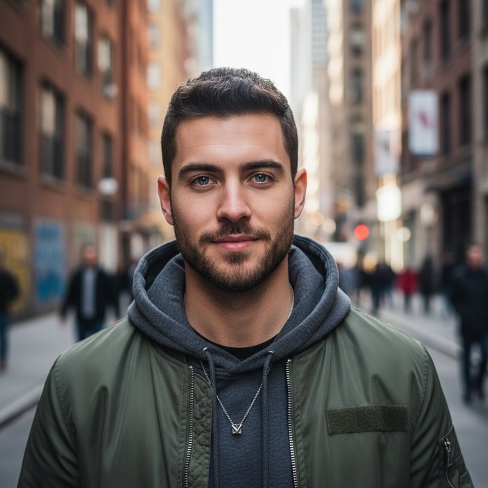 Фотореалистичный портрет молодого мужчины с короткими темными волосами, ярко-голубыми глазами, лёгкой щетиной, в современной городской одежде, естественное освещение, высокая детализация, 4K