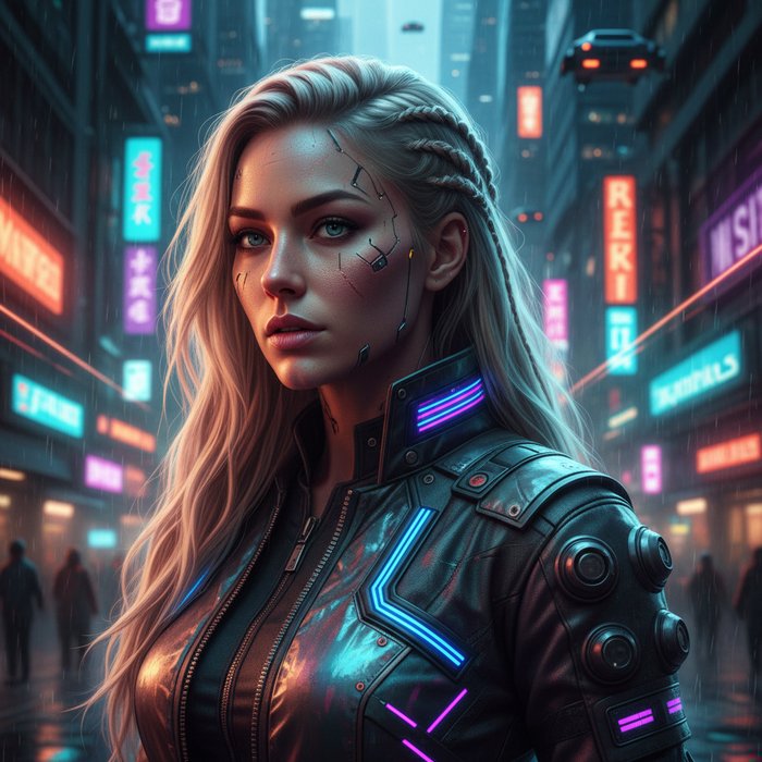 Фотореалистичный портрет женщины с длинными светлыми волосами, в киберпанк‑стиле, неоновый фон, детализированные текстуры кожи и одежды, естественное освещение, 4K