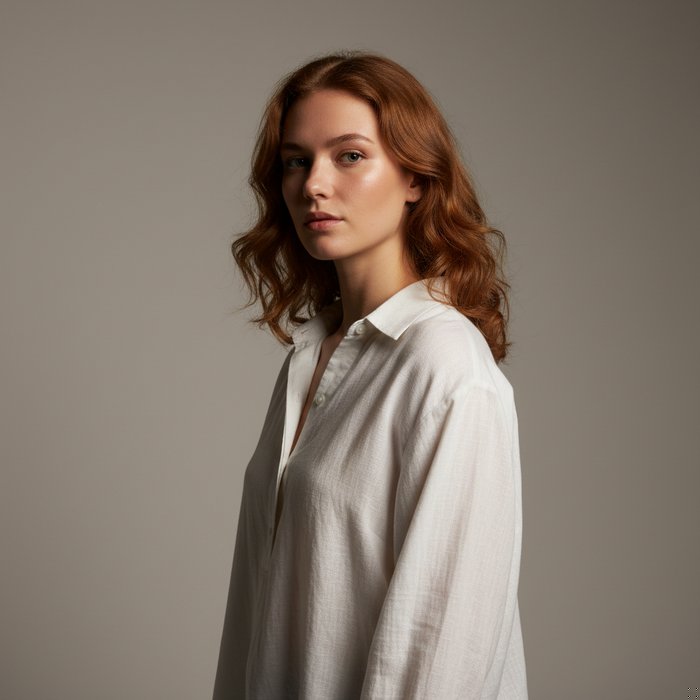 молодая женщина в студийном освещении, мягкие боковые тени, нейтральный фон, высокая детализация, естественная цветопередача, 4K, фотореализм
