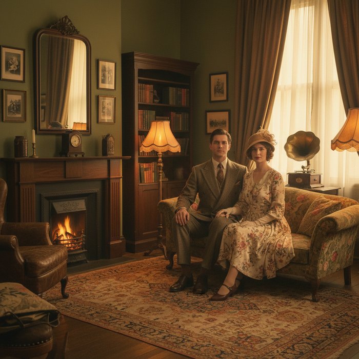 молодая пара в ретро‑стиле, винтажный интерьер с мягким освещением, детализированные текстуры, естественная цветовая гамма, 4K, фотореализм