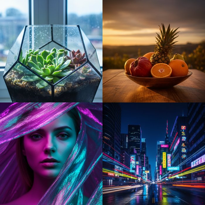 коллаж из четырёх квадратных фотографий, каждая с разным освещением и цветовой схемой, яркие детали, профессиональная резкость, 4K, фотореализм
