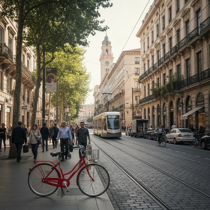 та же улица, где на тротуар добавлен ярко‑красный велосипед, освещение и тени согласованы с окружением, высокая детализация, 4K