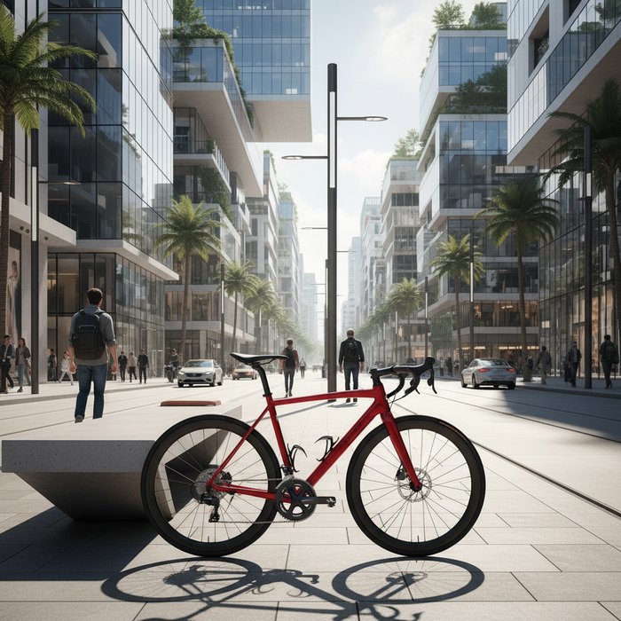 фотореалистичная улица с современными зданиями, на которой искусственно добавлен ярко‑красный велосипед, естественное освещение, высокая детализация, 4K