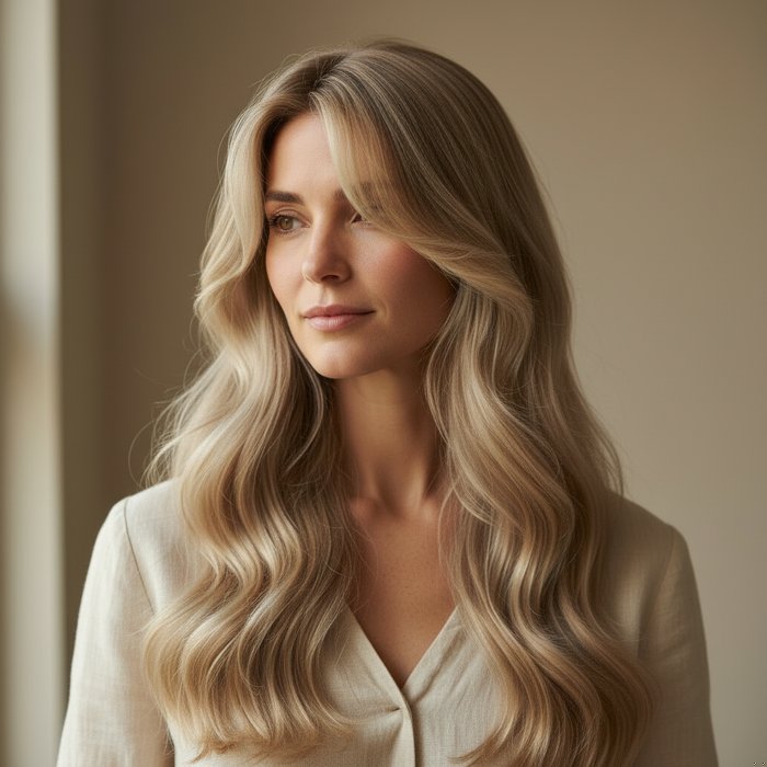 тот же портрет женщины после виртуальной примерки челки и изменения цвета волос на светло-русый, волосы выглядят естественно, челка гармонично вписана, детали сохраняются, фотореализм, 4K