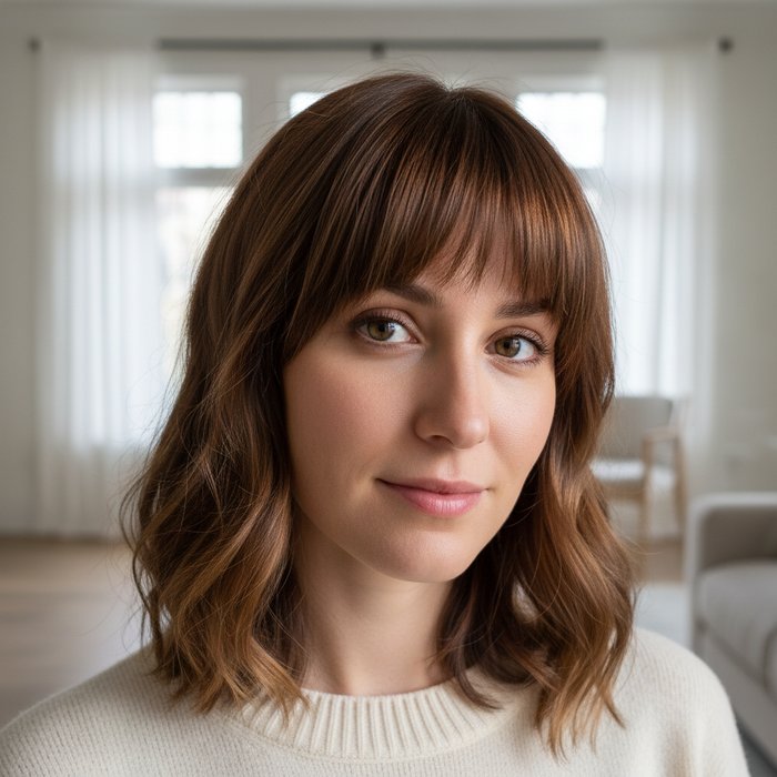 портрет женщины в светлой комнате, с аккуратно подстриженной челкой, естественное освещение, детали волос видны, фотореализм, 4K