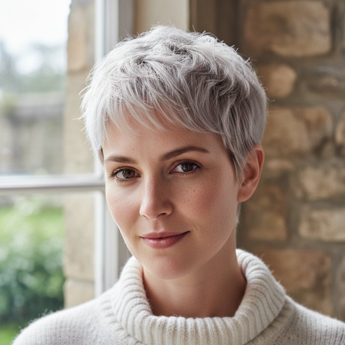 портрет женщины с короткой стрижкой, волосы окрашены в светло-русый цвет, естественное освещение, детализированные пряди, фотореализм, 4K