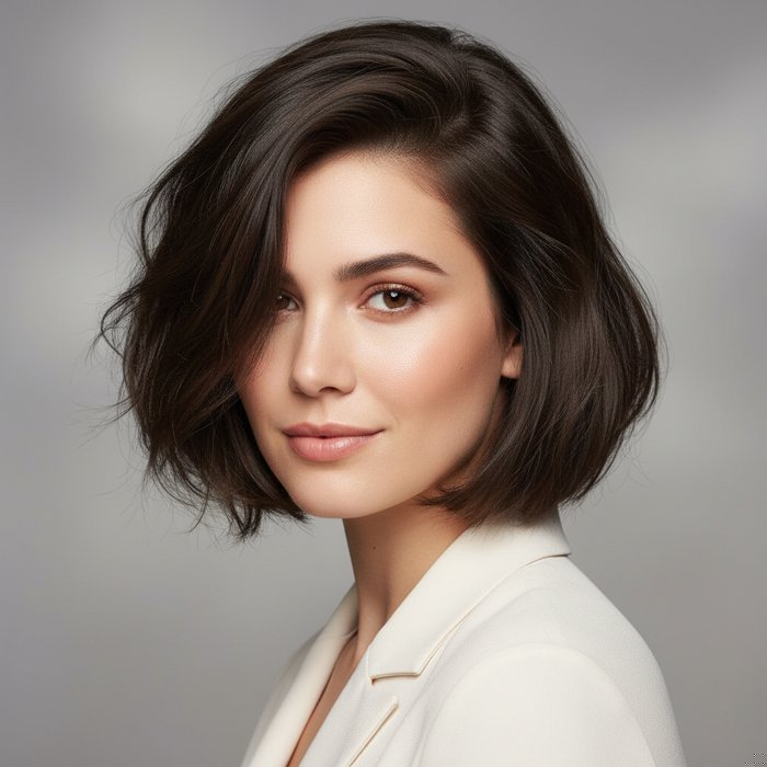 портрет женщины с короткой стрижкой боб, волосы выглядят естественно, объёмные и блестящие, нейтральный фон, фотореализм, 4K