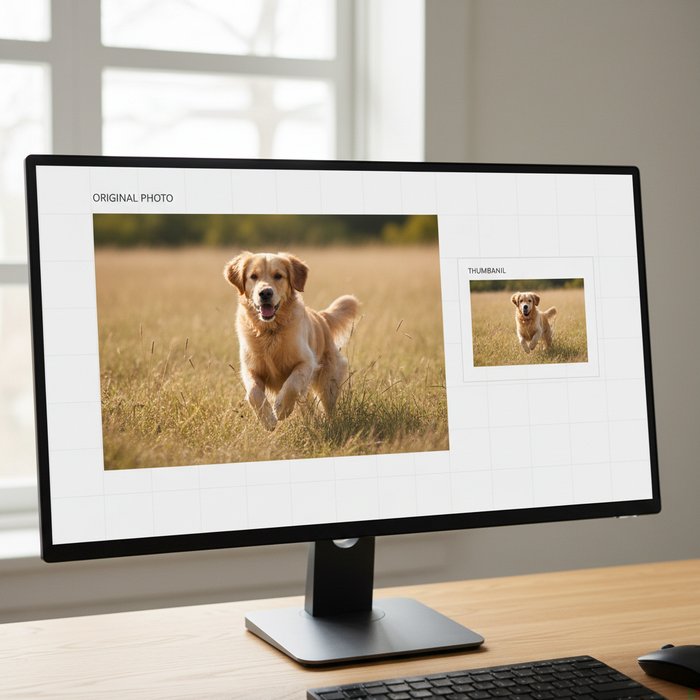 Компьютерный монитор с открытой веб‑страницей, где рядом показаны оригинальное крупное фото и его уменьшенная версия, фотореализм, естественное освещение, высокая детализация, 4K