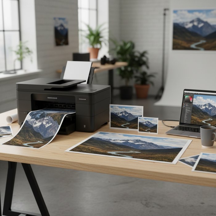 Студийный стол с печатным принтером, рядом лежат два фото: оригинал большого размера и уменьшённый вариант, фотореализм, естественное освещение, высокая детализация, 4K
