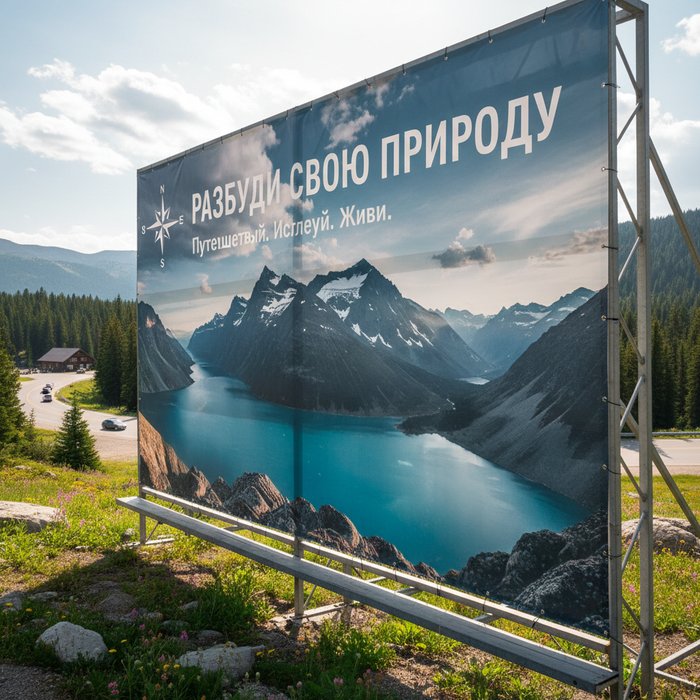 фотореалистичное изображение рекламного баннера с новым слоганом, естественное освещение, высокая детализация, 4K