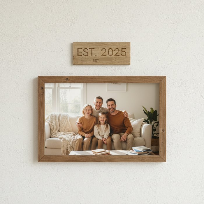 фотореалистичное изображение семейного фото с заменённой датой на стене, естественное освещение, высокая детализация, 4K