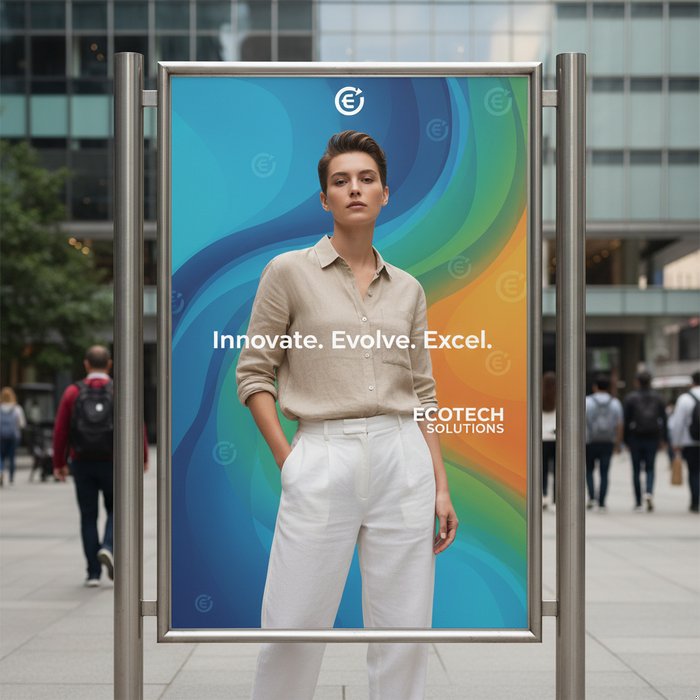 Фотореалистичное изображение рекламного баннера, на котором модель в нейтральной одежде стоит перед ярким фирменным фоном компании, естественное освещение, высокая детализация, 4K