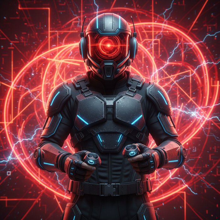 Фотореалистичное изображение геймера в шлеме, стоящего перед ярко‑красным динамичным фоном с неоновыми элементами, естественное освещение, детализированная текстура, 4K