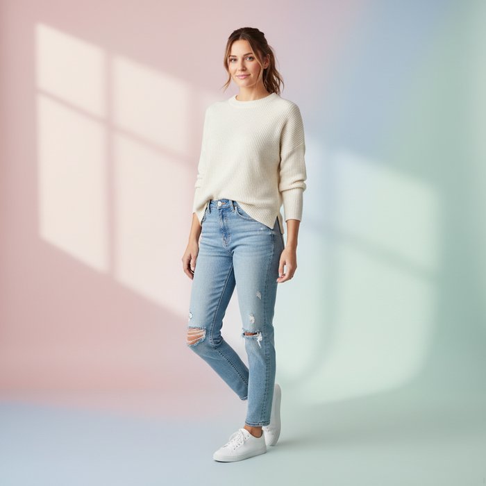 Фотореалистичное изображение женщины в повседневной одежде, стоящей перед мягким пастельным фоном, естественное освещение, высокая детализация, 4K