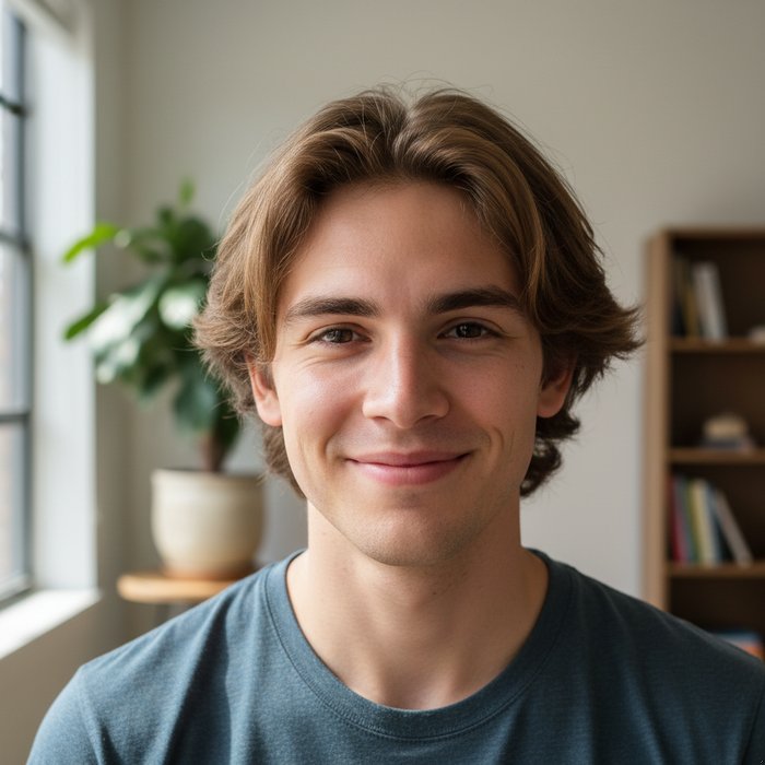 портрет молодого человека в светлой комнате, естественное освещение, фотореализм, лицо с лёгкой искренней улыбкой, детали кожи и волос чётко видны, 4K