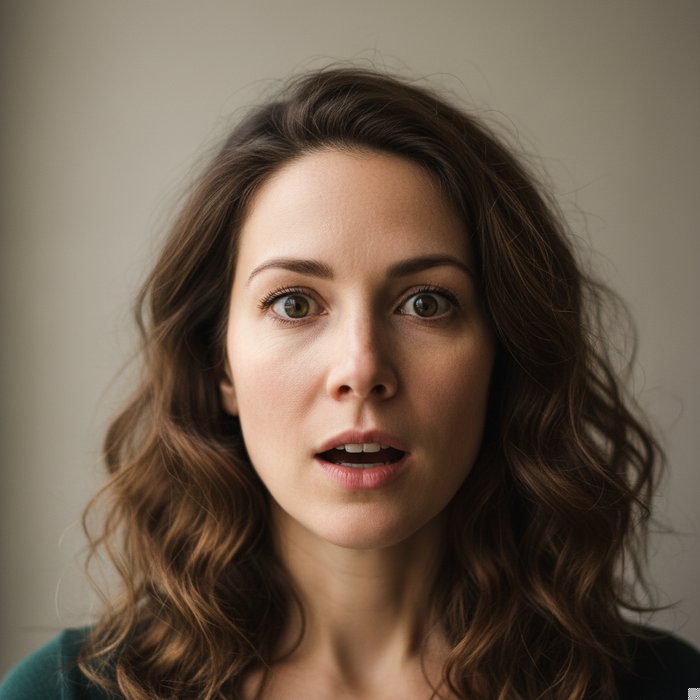 портрет женщины в студии, естественное освещение, фотореализм, лицо с выражением удивления, широко раскрытые глаза и слегка открытый рот, высокая детализация кожи и волос, 4K