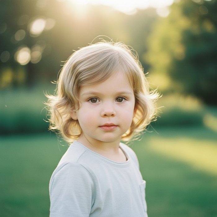 Сгенерированный ребёнок, полученный на основе фото родителей, с чертами обоих, в естественном освещении, фотореализм, 4K