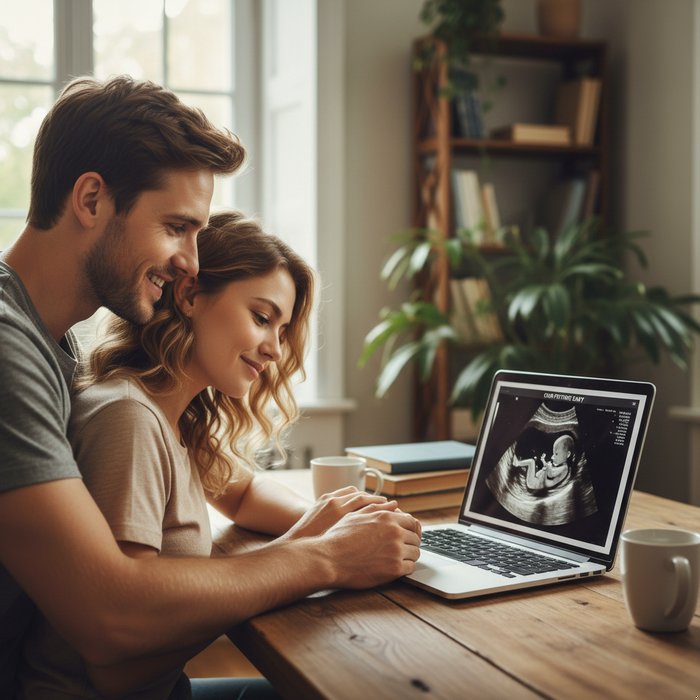 Молодая пара, мужчина и женщина, сидят за столом, перед ними ноутбук с открытым изображением их будущего ребёнка, естественное освещение, детальная текстура кожи, фотореализм, 4K