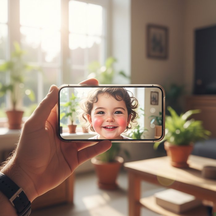 Смартфон в руке пользователя, на экране отображается готовый портрет ребёнка, яркое естественное освещение, высокая детализация, фотореализм, 4K