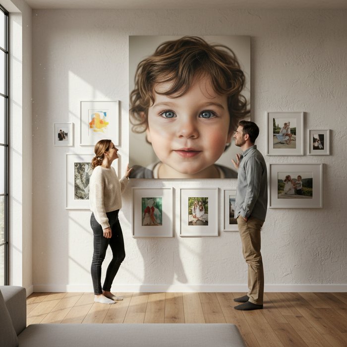 Стена с галереей, на которой висит крупный фотореалистичный портрет ребёнка, рядом стоят родители, естественное освещение, детальная текстура, 4K