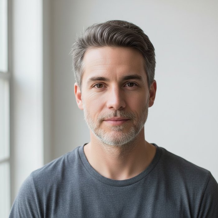 портрет того же человека через 30 лет, морщины вокруг глаз и губ, седые волосы, лёгкая щетина, естественное освещение, нейтральный фон, 4K, фотореализм, реалистичная цветопередача