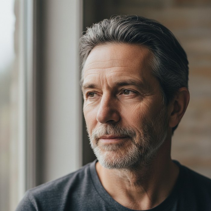 портрет того же человека через 30 лет, морщины вокруг глаз, седые волосы, лёгкая щетина, естественное освещение, нейтральный фон, фотореализм, 4K, реалистичная цветопередача