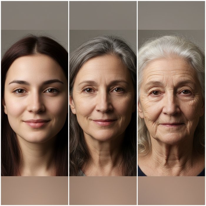 коллаж из трёх портретов одного человека: молодая версия без морщин, средний возраст с лёгкими морщинами, старшая версия с глубокими морщинами и седыми волосами, одинаковый фон, естественное освещение, фотореализм, 4K