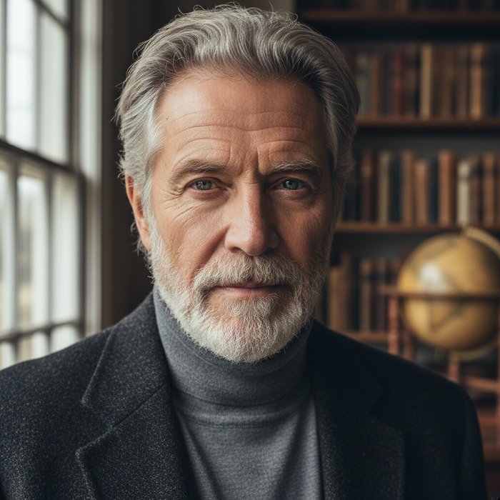 портрет актёра в старшем виде, с лёгкой щетиной, седыми волосами, выразительными глазами, естественное освещение, профессиональная фотосъёмка, фотореализм, 4K, реалистичная цветопередача