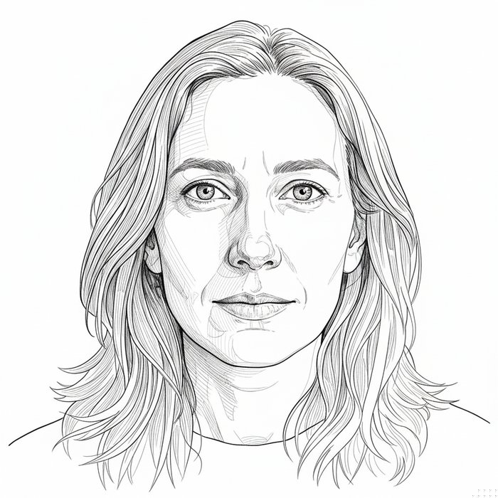 Контурный черно-белый рисунок того же человека, линии подчёркивают контуры лица и волос, без цвета, фотореалистичный стиль, высокая детализация, 4K