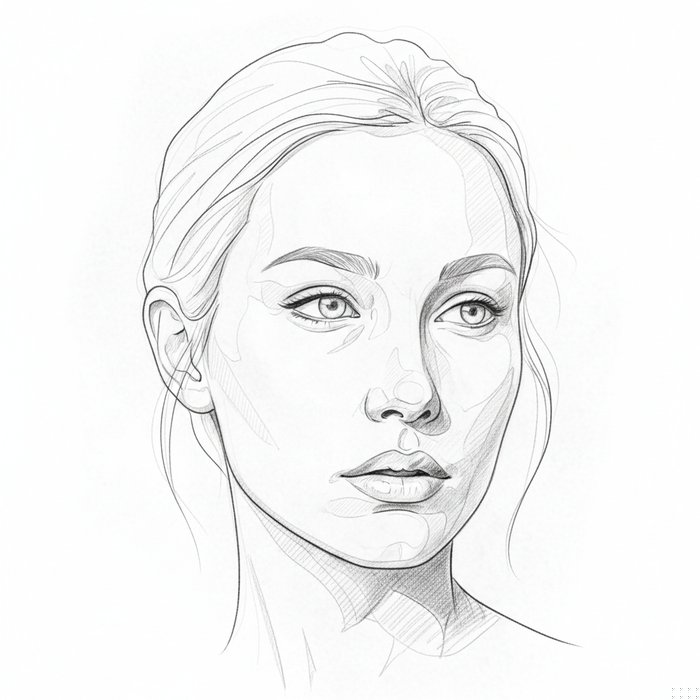 Контурный черно-белый рисунок лица, линии подчёркивают черты, фон светлый, высокая детализация, фотореализм, 4K