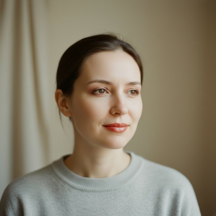 Тот же портрет, но с улучшенным макияжем: ровный тон кожи, подчёркнутые глаза, мягкие тени, естественный блеск губ, высокая детализация, естественное освещение, 4K