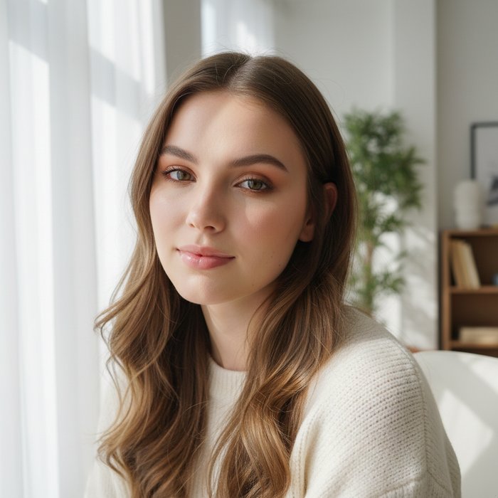 Фотореалистичный портрет молодой женщины в светлой комнате, естественное дневное освещение, кожа с ровным тоном, лёгкий естественный макияж: мягкие тени на глазах, нежный блеск губ, высокий уровень детализации, 4K