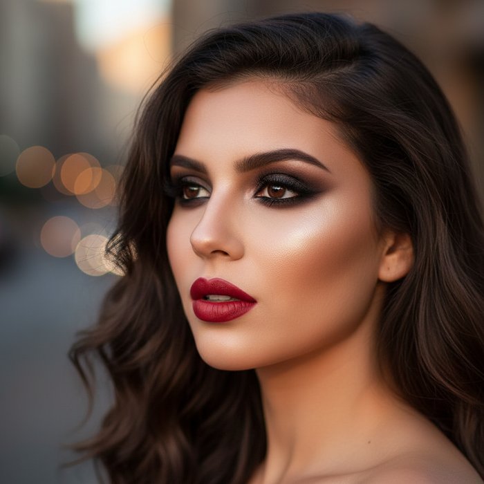 Портрет женщины в вечернем освещении, яркие акценты макияжа: дымчатые глаза, насыщенные красные губы, лёгкий хайлайт на скалах, фотореализм, 4K, естественная цветопередача