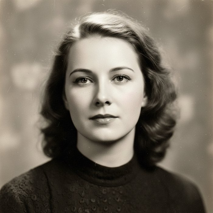 Винтажный портрет женщины в чёрно‑белой фотографии, после обработки – цветной, с естественным макияжем: ровный тон кожи, подчёркнутые глаза, лёгкий блеск губ, высокая детализация, 4K