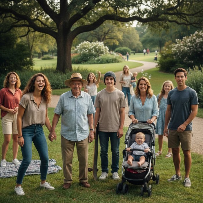 Та же групповая фотография в парке, но лица всех участников заменены на лица известных актеров, естественное дневное освещение, фотореализм, 4K, высокая детализация