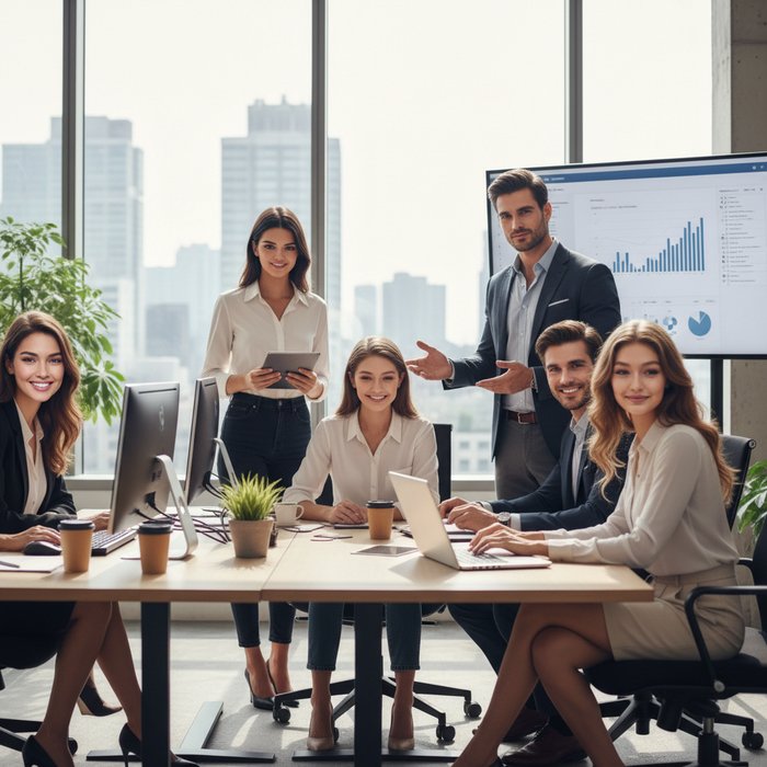 Группа людей в офисе, где лица заменены на лица известных рекламных моделей, естественное освещение, фотореализм, 4K, высокая детализация