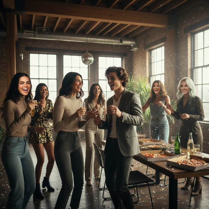 Группа друзей на вечеринке, где лица заменены на лица популярных инфлюенсеров, естественное освещение, фотореализм, 4K, высокая детализация