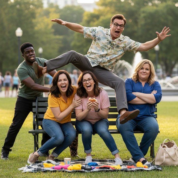 Комедийная сцена с группой людей, где лица заменены на лица известных комиков, естественное освещение, фотореализм, 4K, высокая детализация