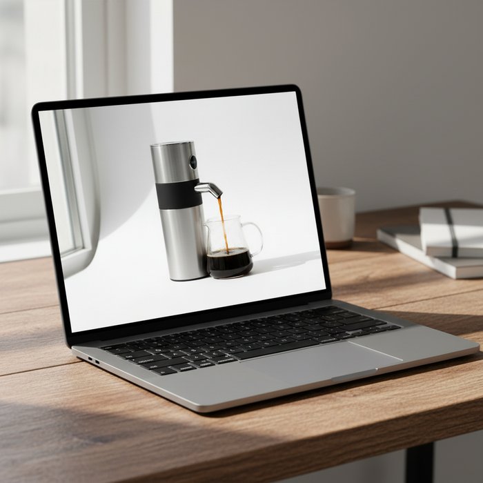 тот же продукт размещён в реалистичном мокапе: ноутбук на деревянном столе, экран показывает изображение продукта, естественное дневное освещение, высокая детализация, 4K