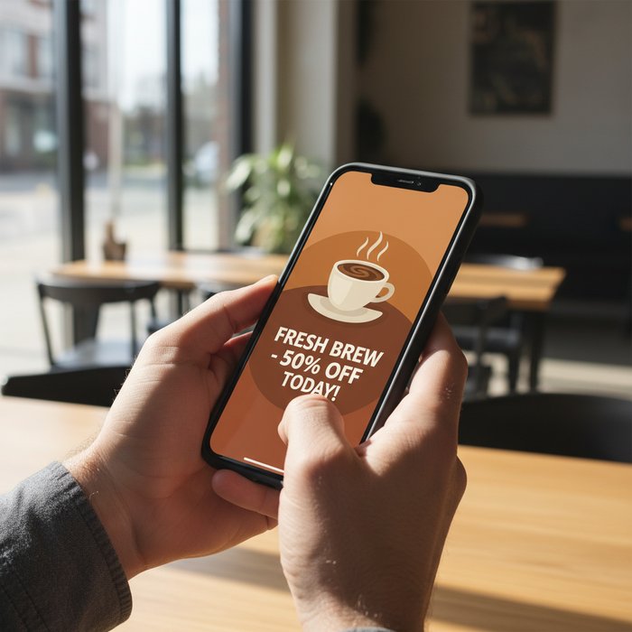 реалистичный мокап смартфона в руках человека, на экране отображается рекламный баннер, естественное освещение, детализированная текстура кожи, 4K