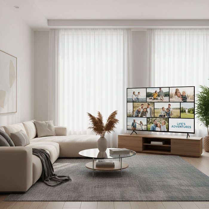 реалистичный мокап телевизора в современной гостиной, на экране отображается рекламный ролик, мягкое рассеянное освещение, детализированная мебель, 4K