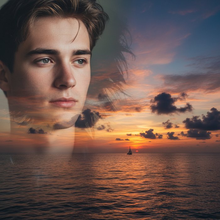 Фотореалистичный коллаж, на котором в левом верхнем углу размещён портрет молодого человека, а в правом нижнем углу — яркая фотография морского заката, оба изображения плавно соединены, естественное освещение, высокая детализация, 4K
