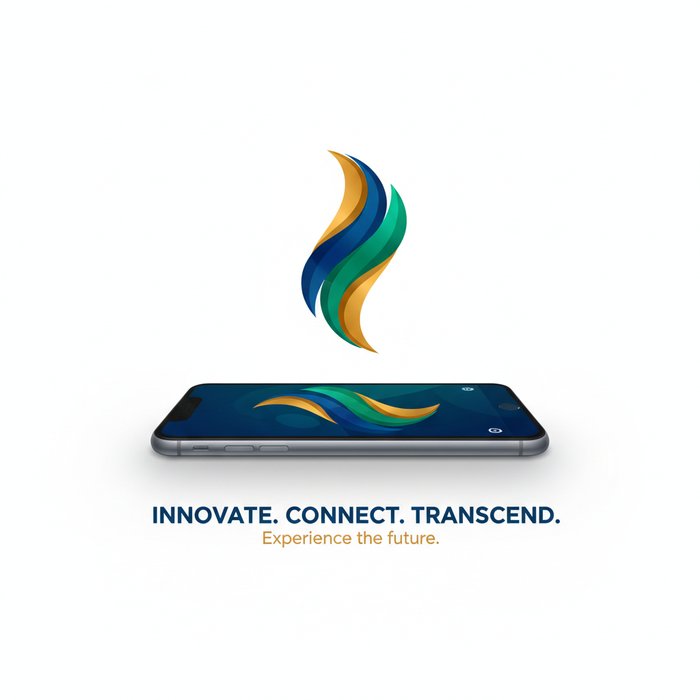 Рекламный баннер с белым фоном, на котором в центре размещён логотип компании в фирменных цветах, под ним — изображение смартфона, оба элемента выглядят реалистично, с мягкой тенью, высокая детализация, 4K