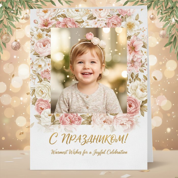 Открытка с праздничным фоном, на которой в центре размещена фотография улыбающегося ребёнка, наложенная на цветочный узор, естественное освещение, мягкие тени, высокая детализация, 4K