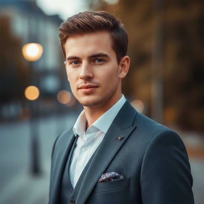 Портрет молодого человека в стильном костюме, художественная обработка, мягкое боке, яркие, но естественные цвета, фотореализм, естественное освещение, высокая детализация, 4K