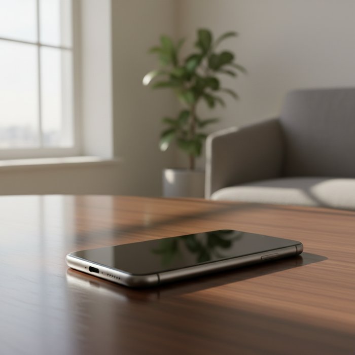 Элегантный смартфон на столе, с отражением, яркое естественное освещение, фон в нейтральных тонах, фотореализм, высокая детализация, 4K